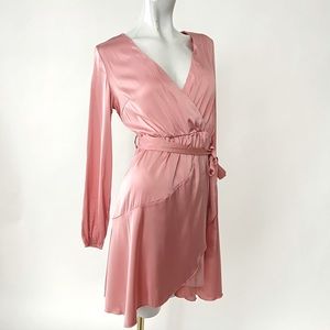 Mock wrap pink satin dress